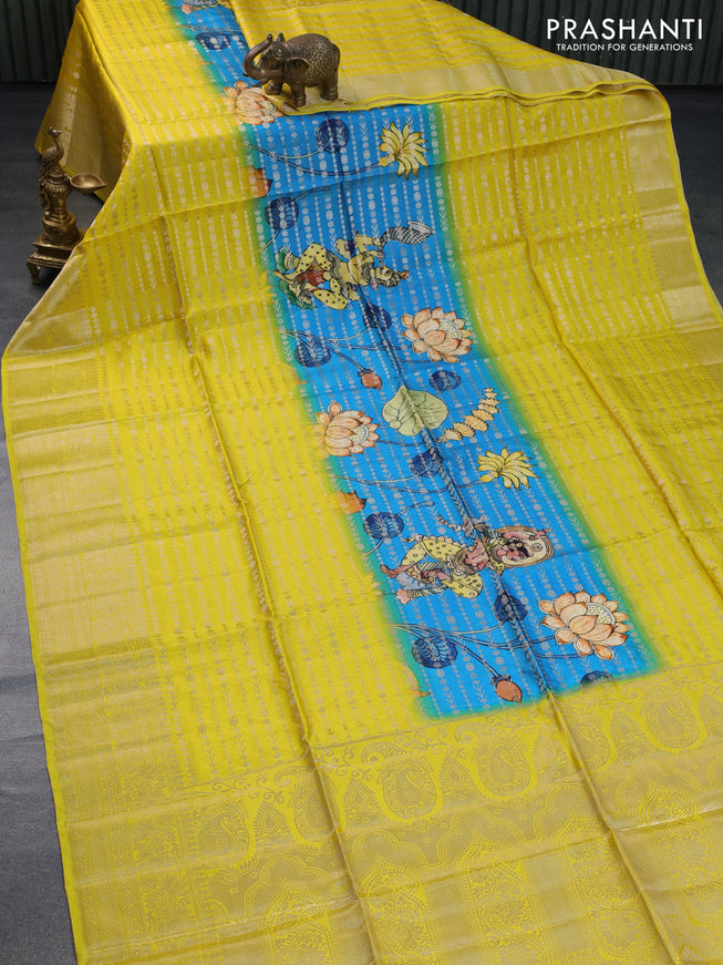 Semi raw silk saree cs blue and yellow with allover zari weaves & kalamkari digital prints and zari woven border