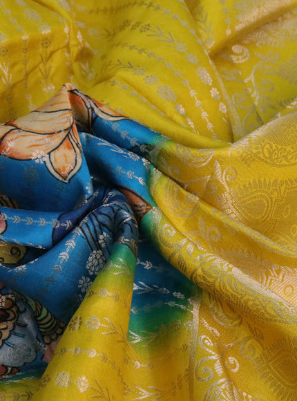 Semi raw silk saree cs blue and yellow with allover zari weaves & kalamkari digital prints and zari woven border