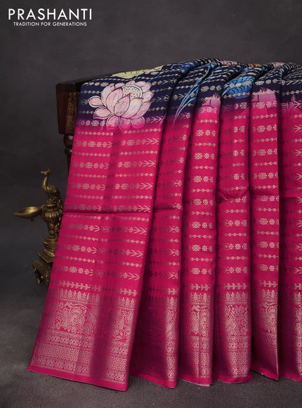 Semi raw silk saree navy blue and pink with allover zari weaves & kalamkari digital prints and zari woven border