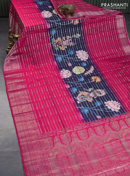 Semi raw silk saree navy blue and pink with allover zari weaves & kalamkari digital prints and zari woven border