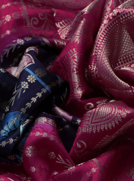 Semi raw silk saree navy blue and pink with allover zari weaves & kalamkari digital prints and zari woven border