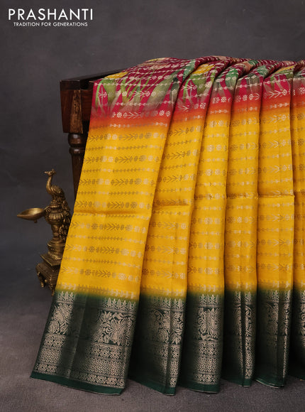 Semi raw silk saree dark pink and yellow green with allover zari weaves & floral digital prints and zari woven border