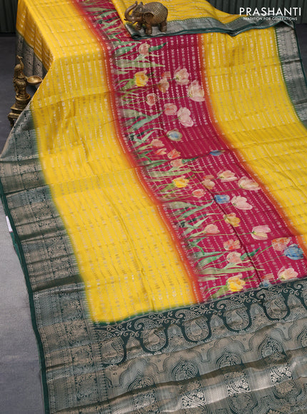 Semi raw silk saree dark pink and yellow green with allover zari weaves & floral digital prints and zari woven border