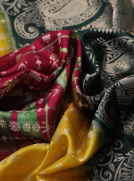 Semi raw silk saree dark pink and yellow green with allover zari weaves & floral digital prints and zari woven border