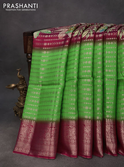 Semi raw silk saree dark pink and light green with allover zari weaves & floral digital prints and zari woven border