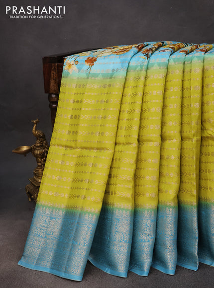 Semi raw silk saree light blue and lime green with allover zari weaves & floral digital prints and zari woven border