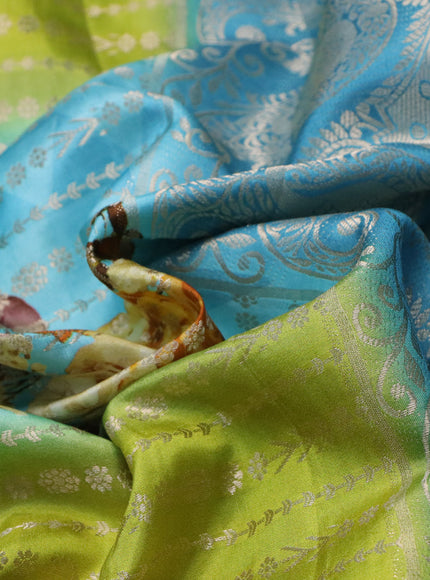 Semi raw silk saree light blue and lime green with allover zari weaves & floral digital prints and zari woven border