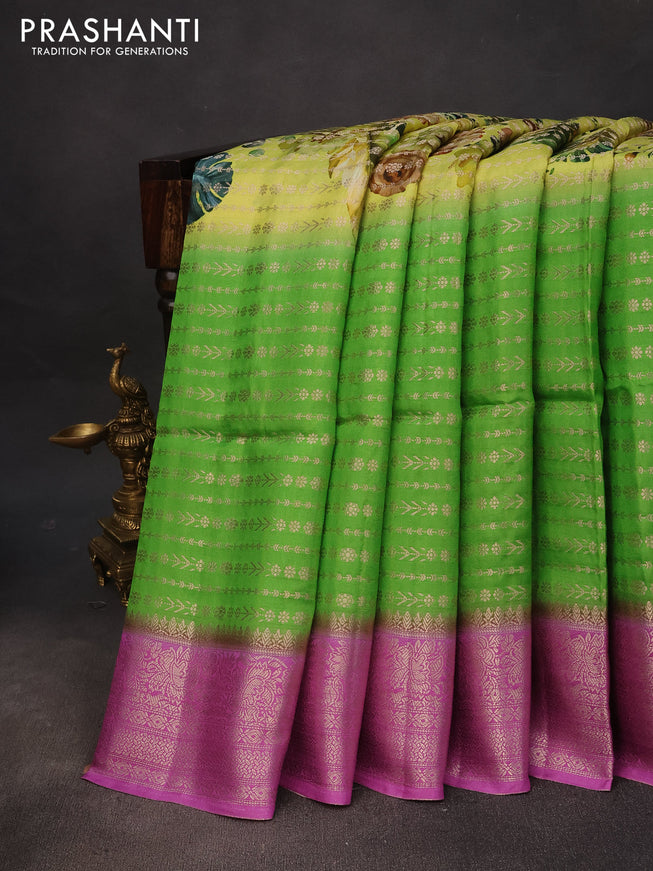 Semi raw silk saree lime yellow and lavender with allover zari weaves & floral digital prints and zari woven border