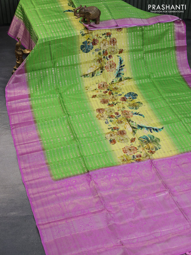 Semi raw silk saree lime yellow and lavender with allover zari weaves & floral digital prints and zari woven border