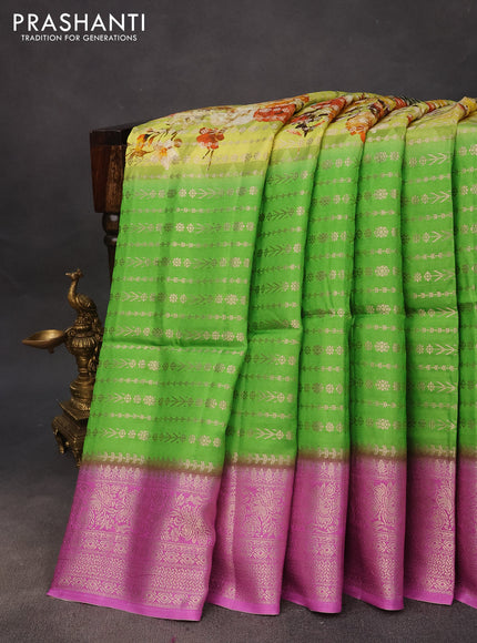 Semi raw silk saree lime yellow and light green pink with allover zari weaves & floral digital prints and zari woven border