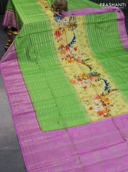 Semi raw silk saree lime yellow and light green pink with allover zari weaves & floral digital prints and zari woven border