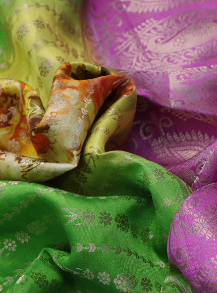 Semi raw silk saree lime yellow and light green pink with allover zari weaves & floral digital prints and zari woven border