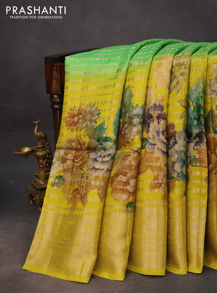 Semi raw silk saree green and lime yellow with allover zari weaves & floral digital prints and zari woven border