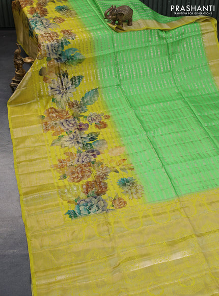 Semi raw silk saree green and lime yellow with allover zari weaves & floral digital prints and zari woven border