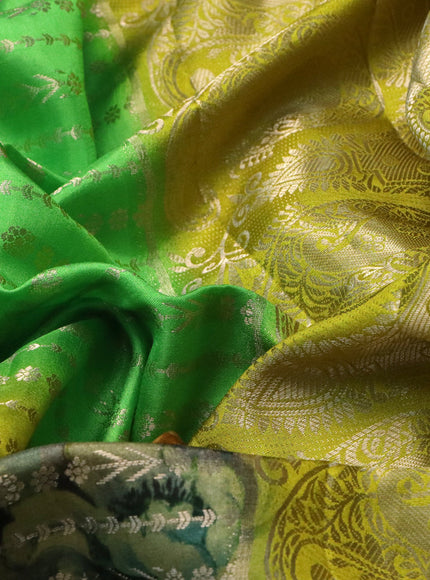 Semi raw silk saree green and lime yellow with allover zari weaves & floral digital prints and zari woven border