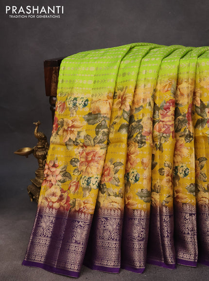 Semi raw silk saree fluorescent green and violet with allover zari weaves & floral digital prints and zari woven border