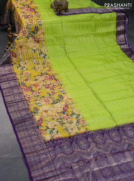 Semi raw silk saree fluorescent green and violet with allover zari weaves & floral digital prints and zari woven border