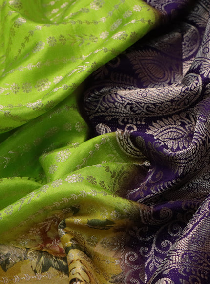 Semi raw silk saree fluorescent green and violet with allover zari weaves & floral digital prints and zari woven border