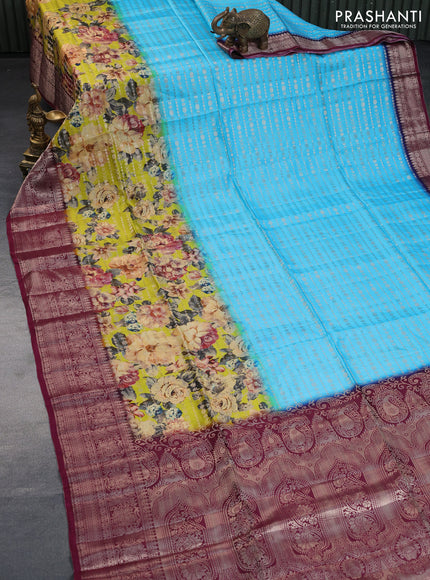 Semi raw silk saree light blue and dark magenta pink with allover zari weaves & floral digital prints and zari woven border