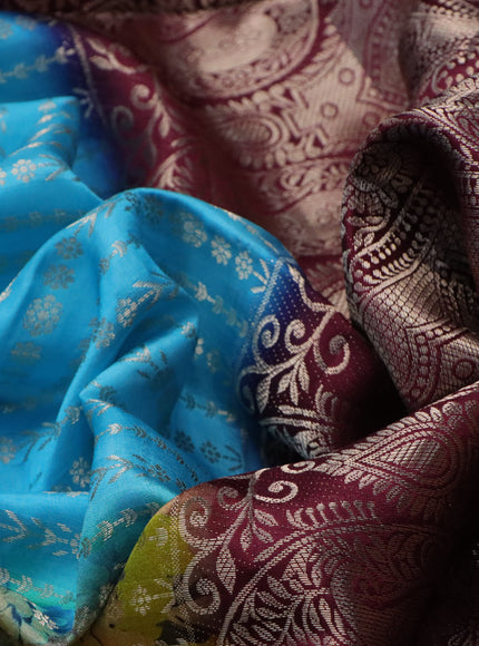 Semi raw silk saree light blue and dark magenta pink with allover zari weaves & floral digital prints and zari woven border