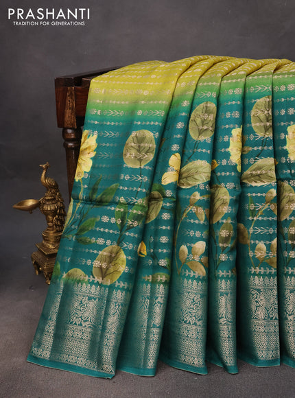 Semi raw silk saree lime yellow and peacock green with allover zari weaves & floral digital prints and zari woven border