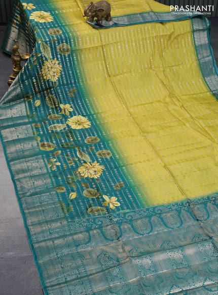 Semi raw silk saree lime yellow and peacock green with allover zari weaves & floral digital prints and zari woven border