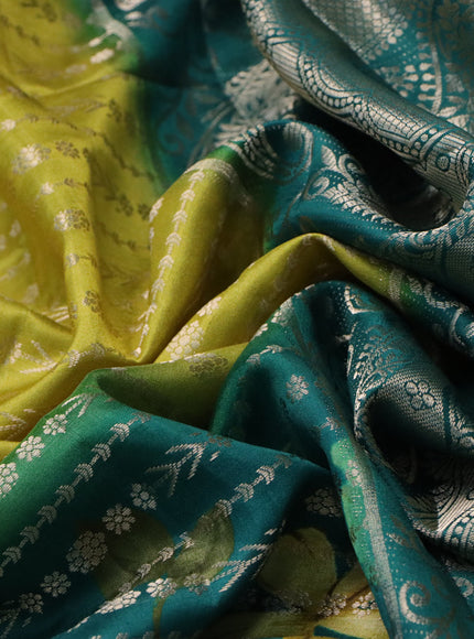 Semi raw silk saree lime yellow and peacock green with allover zari weaves & floral digital prints and zari woven border