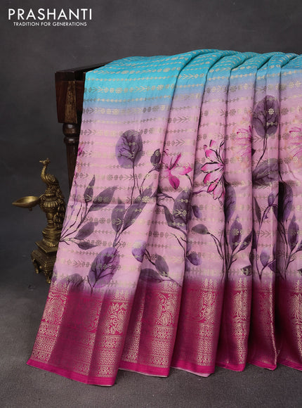 Semi raw silk saree teal blue and pink with allover zari weaves & floral digital prints and zari woven border