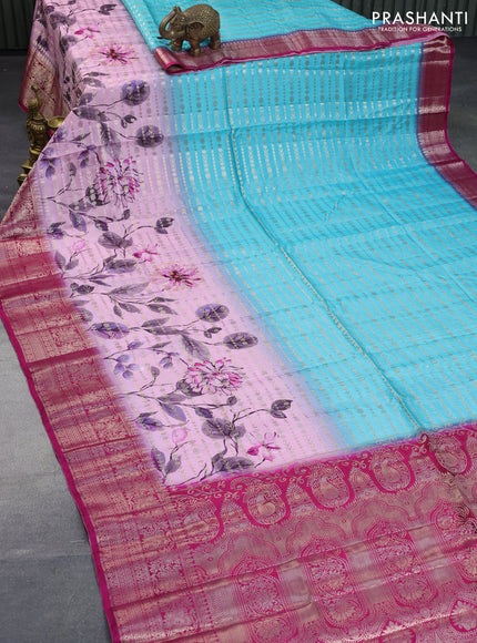 Semi raw silk saree teal blue and pink with allover zari weaves & floral digital prints and zari woven border