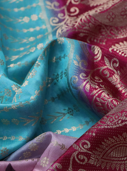 Semi raw silk saree teal blue and pink with allover zari weaves & floral digital prints and zari woven border