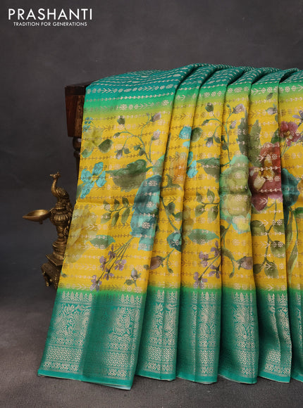 Semi raw silk saree teal green and yellow with allover zari weaves & floral digital prints and zari woven border