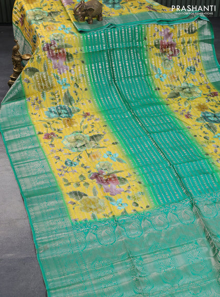 Semi raw silk saree teal green and yellow with allover zari weaves & floral digital prints and zari woven border