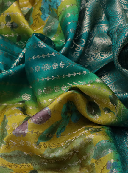 Semi raw silk saree teal green and yellow with allover zari weaves & floral digital prints and zari woven border