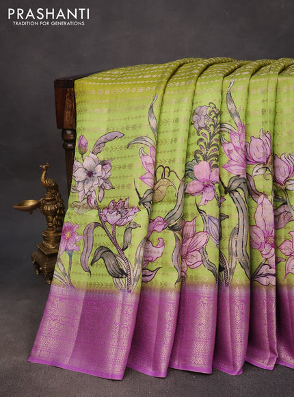 Semi raw silk saree light green and lavender with allover zari weaves & floral digital prints and zari woven border