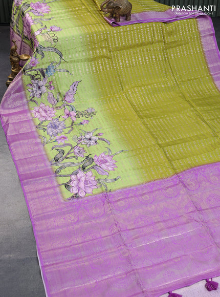 Semi raw silk saree light green and lavender with allover zari weaves & floral digital prints and zari woven border