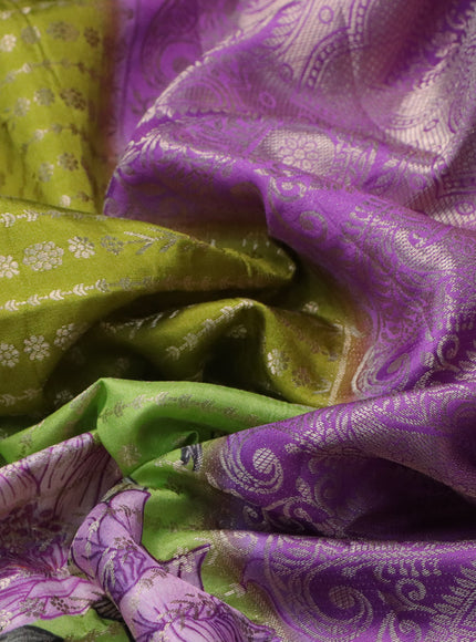 Semi raw silk saree light green and lavender with allover zari weaves & floral digital prints and zari woven border