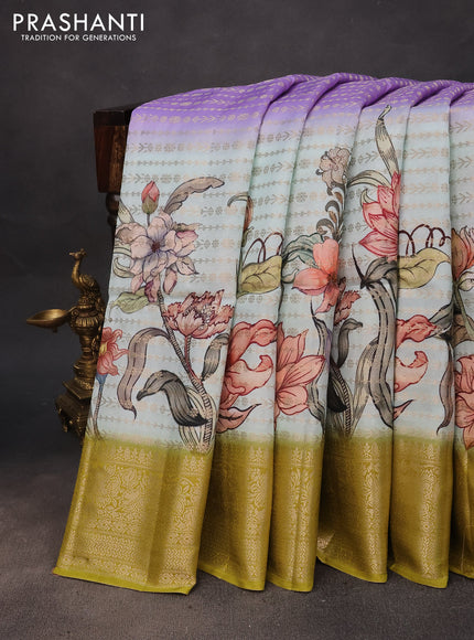 Semi raw silk saree lavender shade and mehendi green with allover zari weaves & kalamkari digital prints and zari woven border