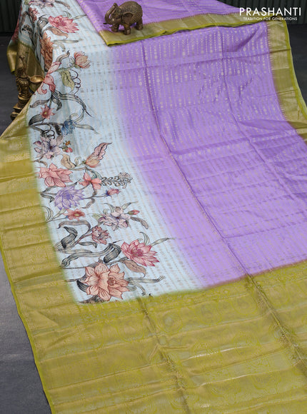 Semi raw silk saree lavender shade and mehendi green with allover zari weaves & kalamkari digital prints and zari woven border