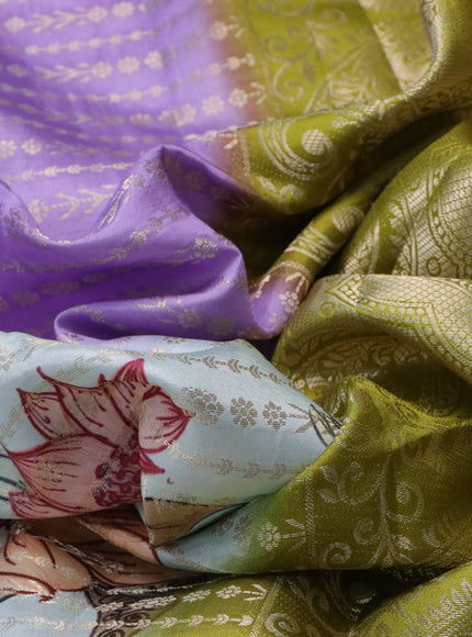 Semi raw silk saree lavender shade and mehendi green with allover zari weaves & kalamkari digital prints and zari woven border