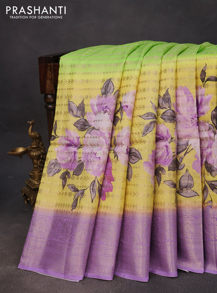 Semi raw silk saree fluorescent green and lavender with allover zari weaves & floral digital prints and zari woven border