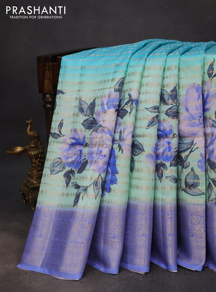 Semi raw silk saree light blue and blue with allover zari weaves & floral digital prints and zari woven border