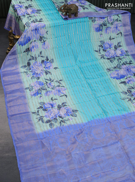 Semi raw silk saree light blue and blue with allover zari weaves & floral digital prints and zari woven border