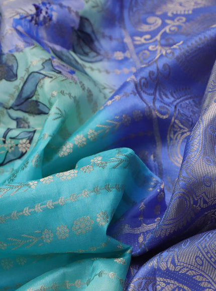 Semi raw silk saree light blue and blue with allover zari weaves & floral digital prints and zari woven border