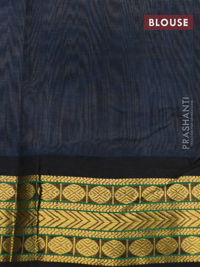 Silk cotton saree light blue and black with plain body and zari woven korvai border