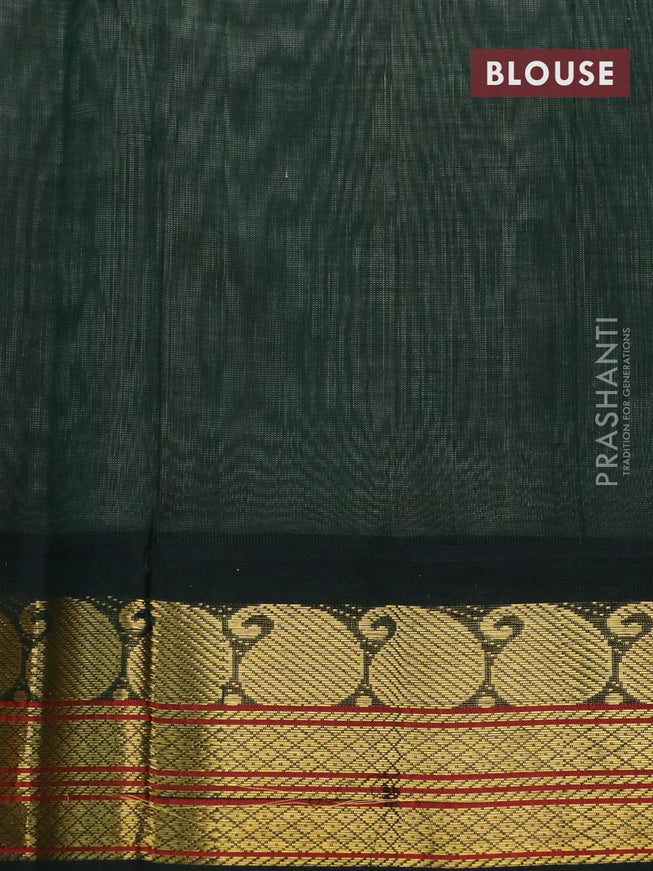 Silk cotton saree beige and bottle green with plain body and paisley zari woven korvai border