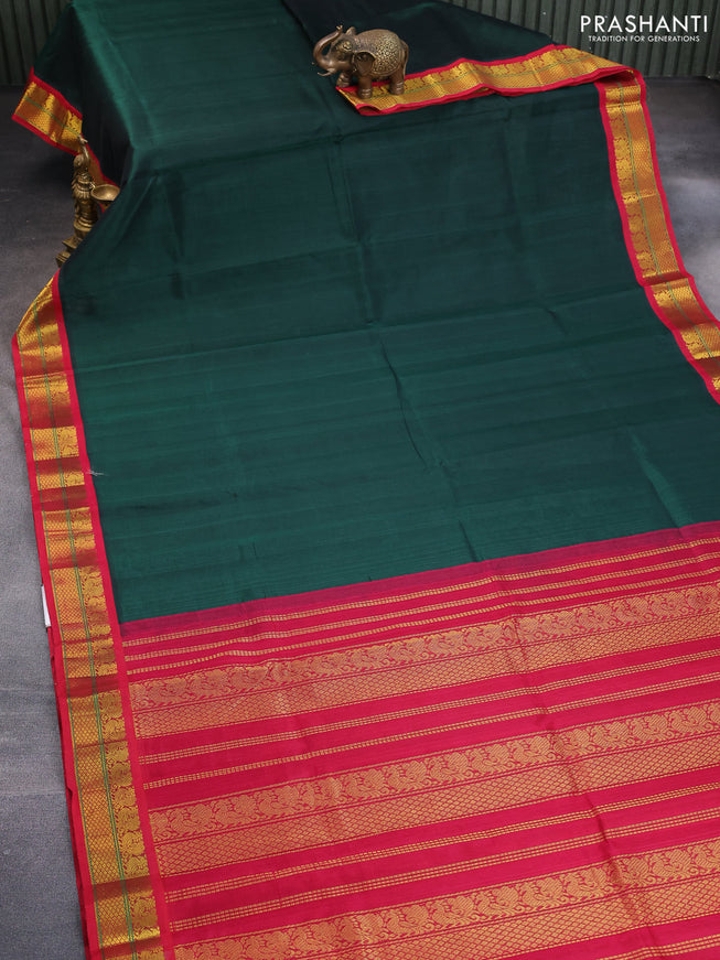 Silk cotton saree dark green and dark pink with plain body and zari woven korvai border