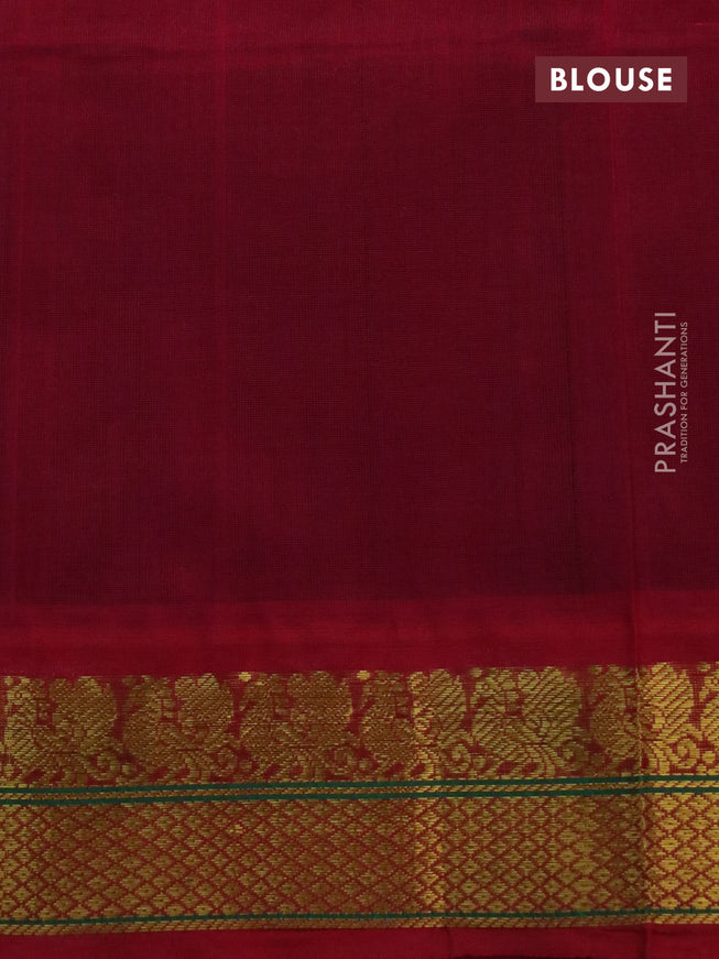 Silk cotton saree dark green and dark pink with plain body and zari woven korvai border