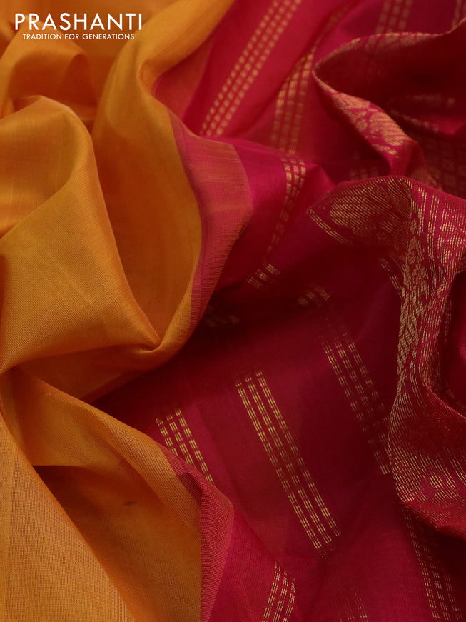 Silk cotton saree mango yellow and pink with plain body and zari woven korvai border