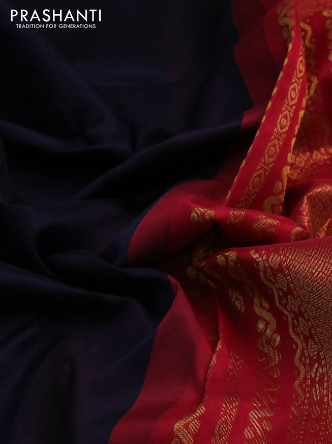 Silk cotton saree navy blue and red with plain body and zari woven korvai border