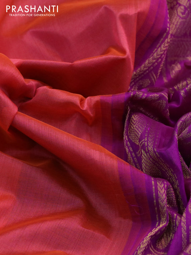 Silk cotton saree peach orange and purple with plain body and long zari woven korvai border